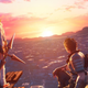 Yuffie and her companion look out over Midgar as the sun sets.